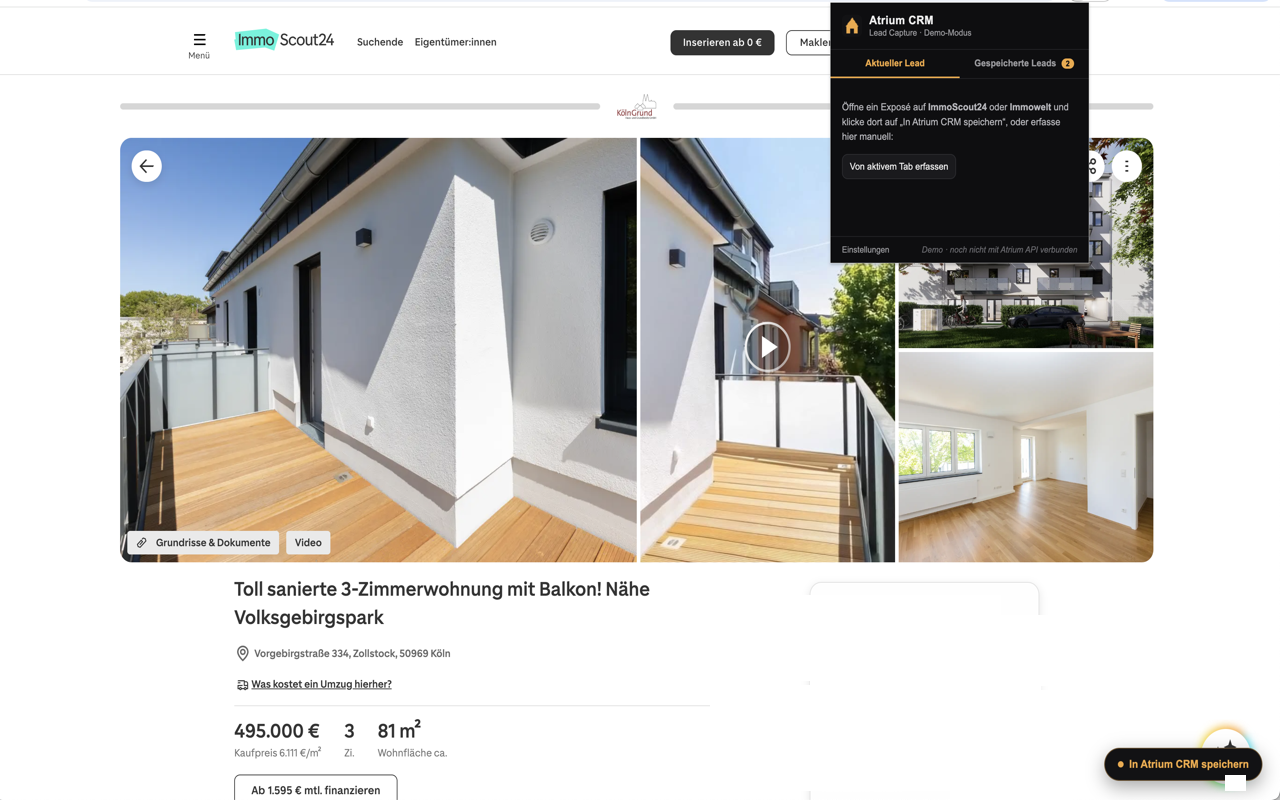 Atrium CRM Extension auf ImmoScout24 – Popup mit Lead-Daten